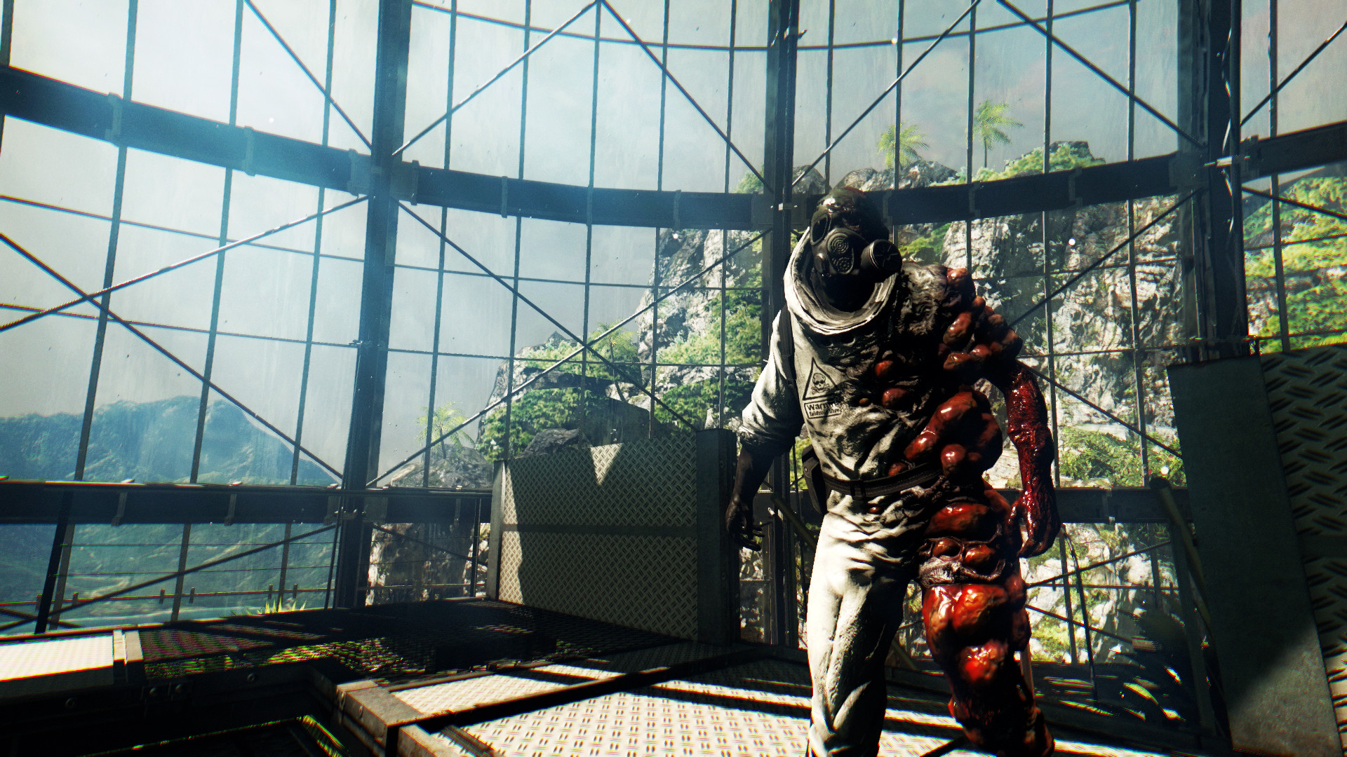 A mutated infected stands inside a damaged glass-walled structure.
