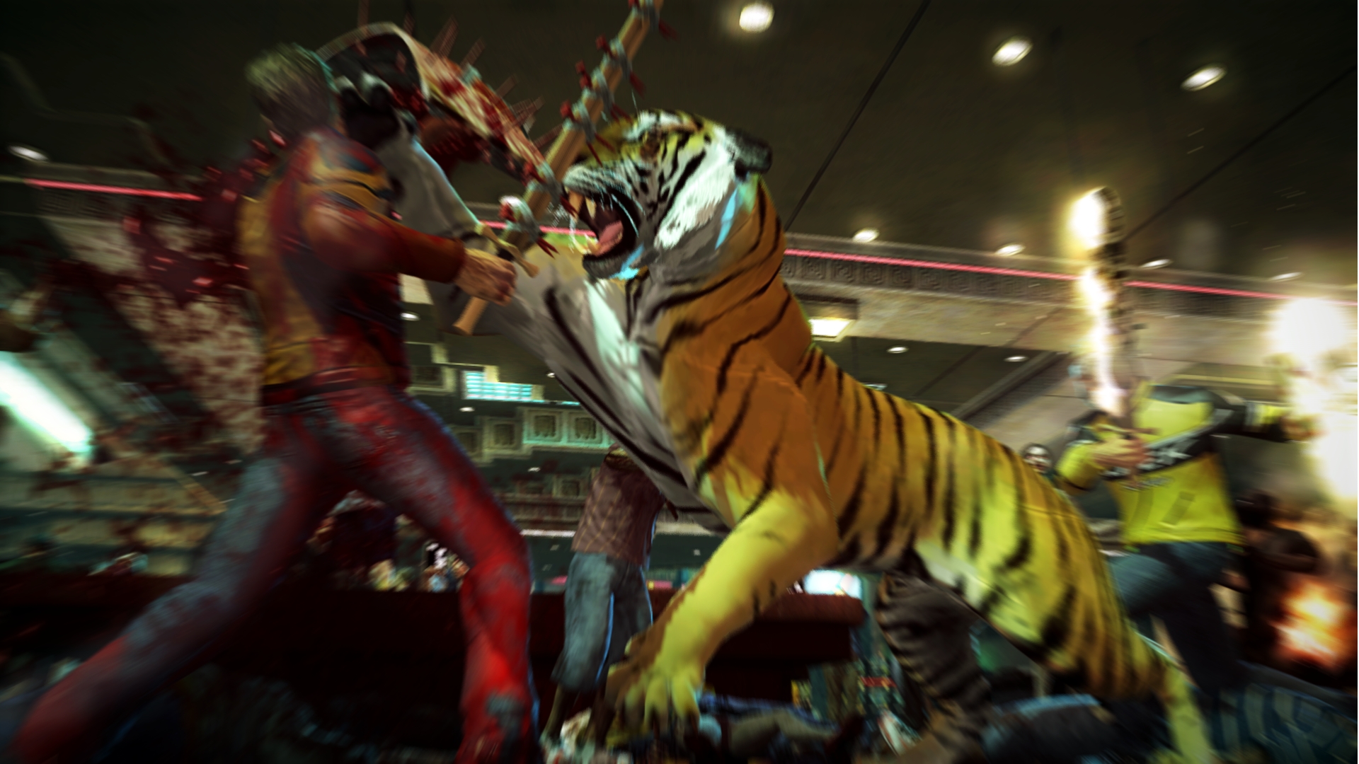Chuck fights a tiger amid a zombie-filled scene.