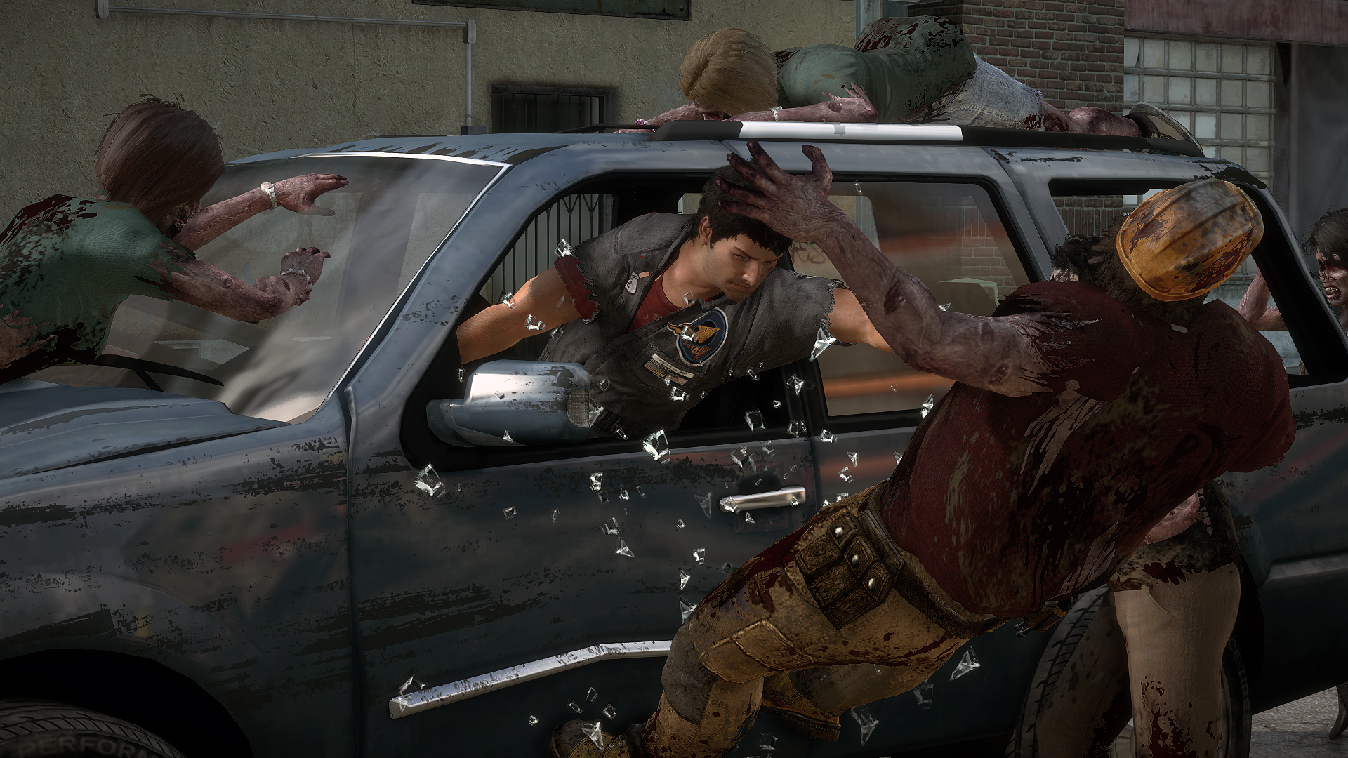 Nick Ramos fights zombies beside a vehicle in Los Perdidos.