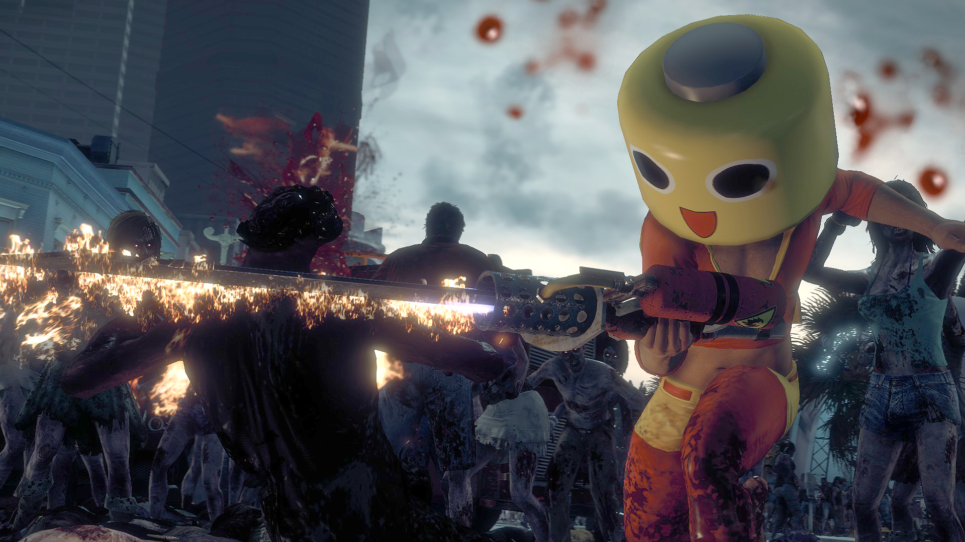 A costumed survivor fires into a crowd of zombies.