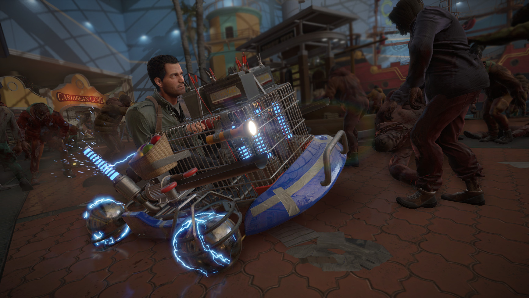 Frank West swings a modified weapon at zombies inside a mall.