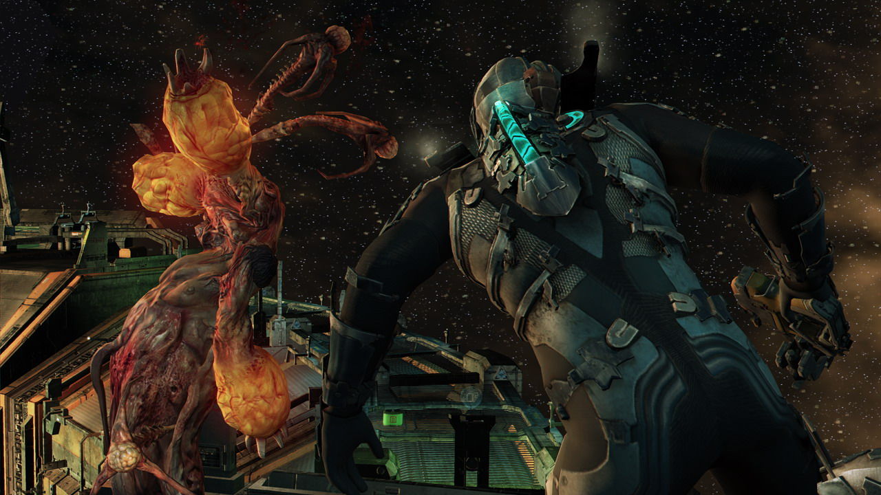Isaac aims toward a Necromorph on a space station platform.