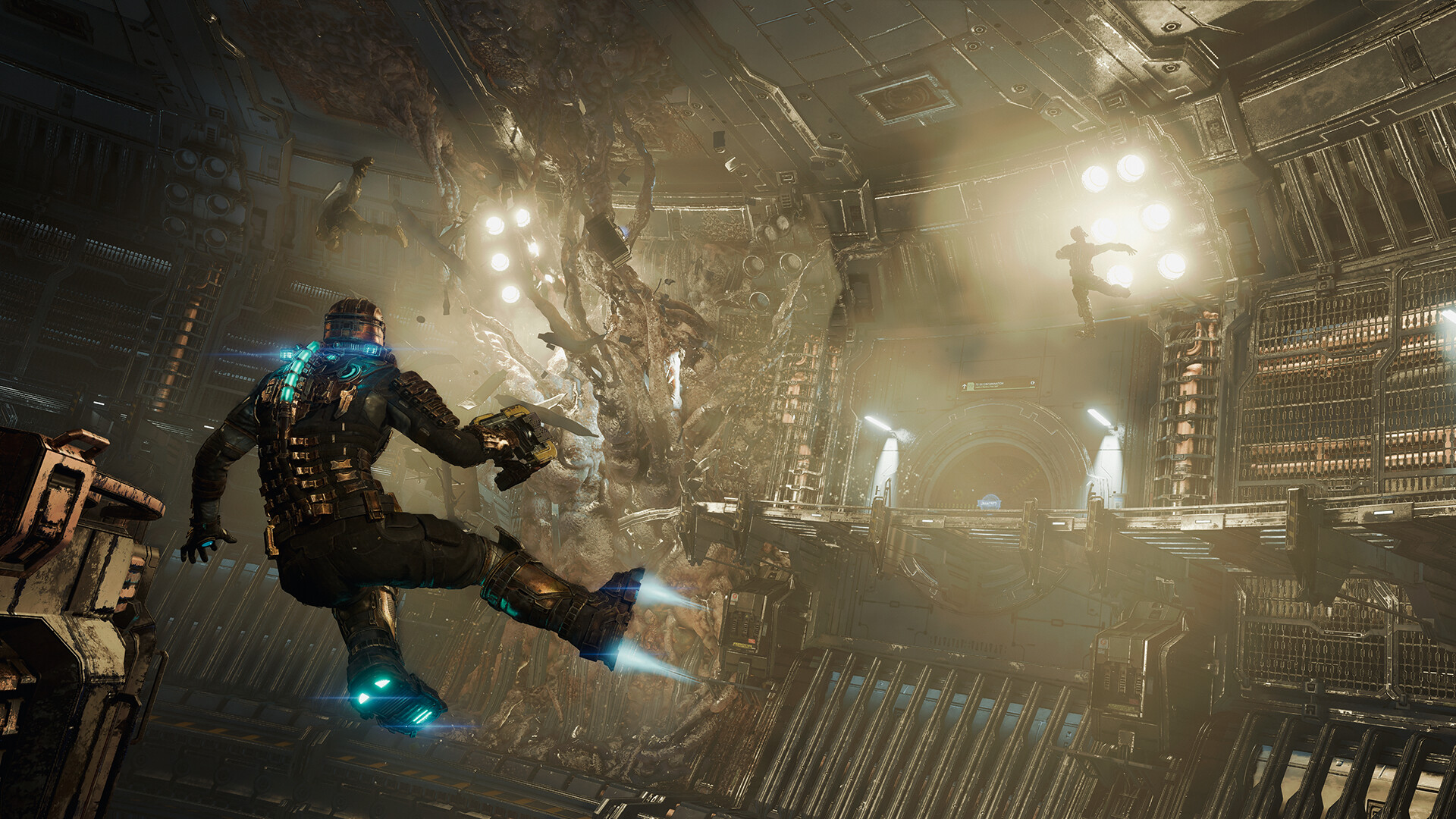 Isaac floats in zero gravity near a torn machinery shaft.