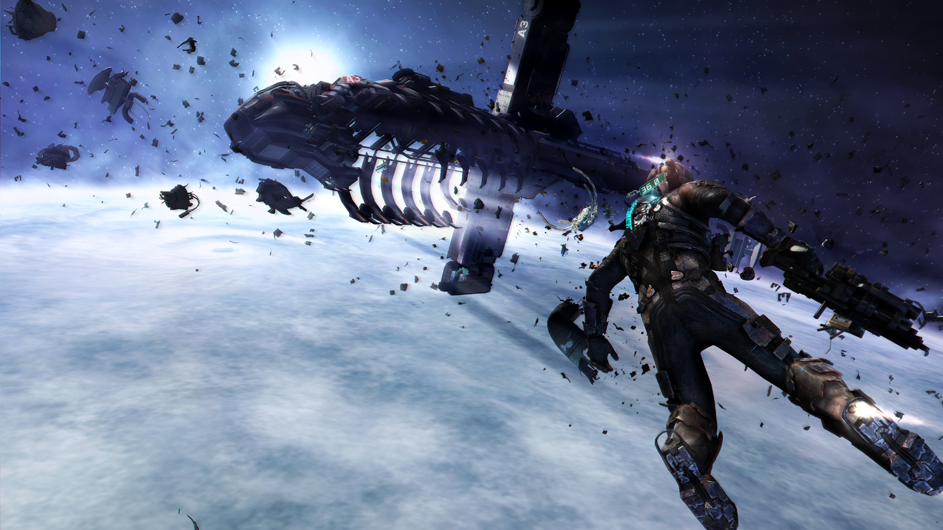 Isaac drifts past a shattered spacecraft in orbit.