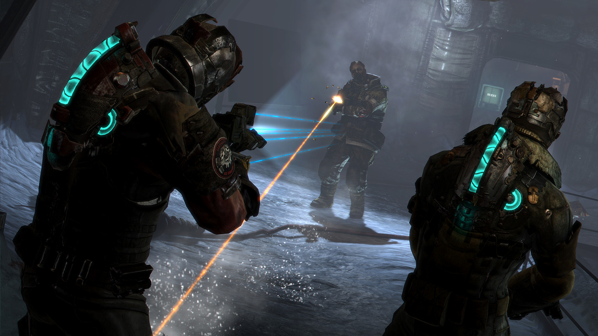 Two armed survivors face an opponent in a snowy passage.