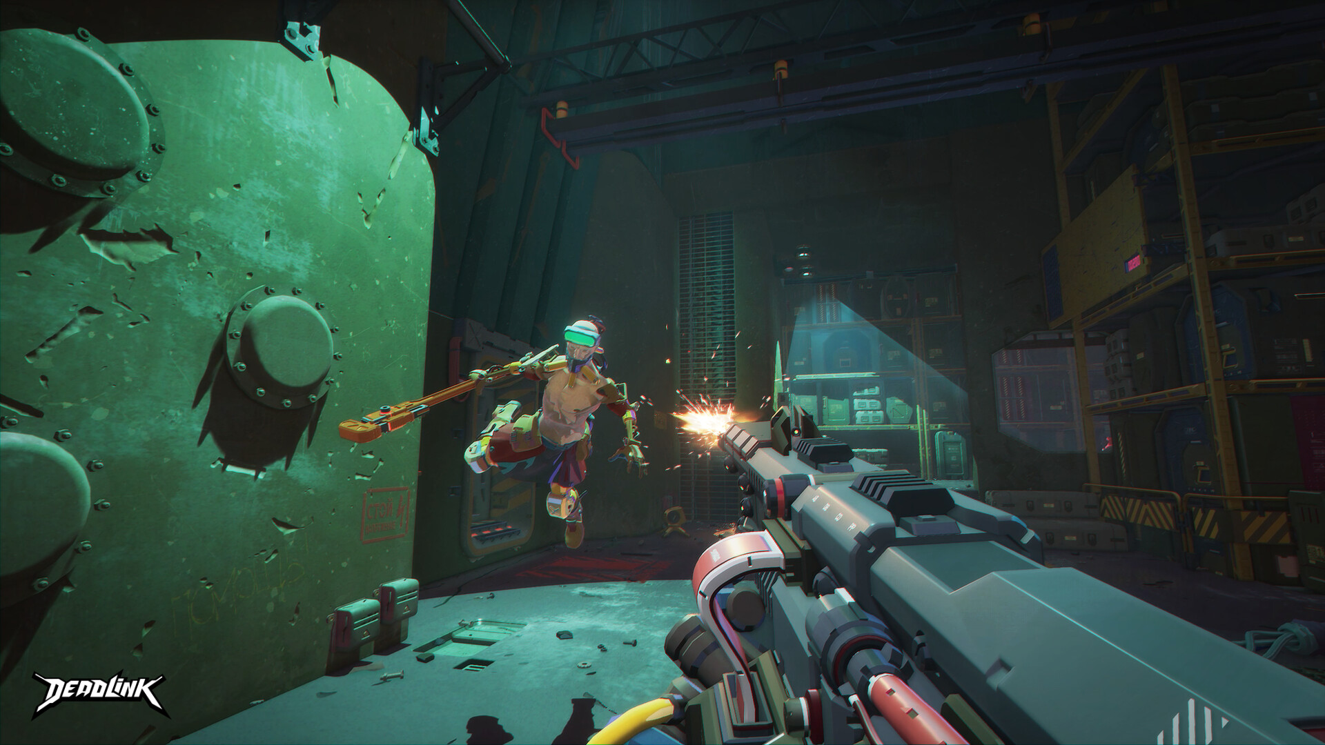 The player fires at an enemy inside an industrial room.