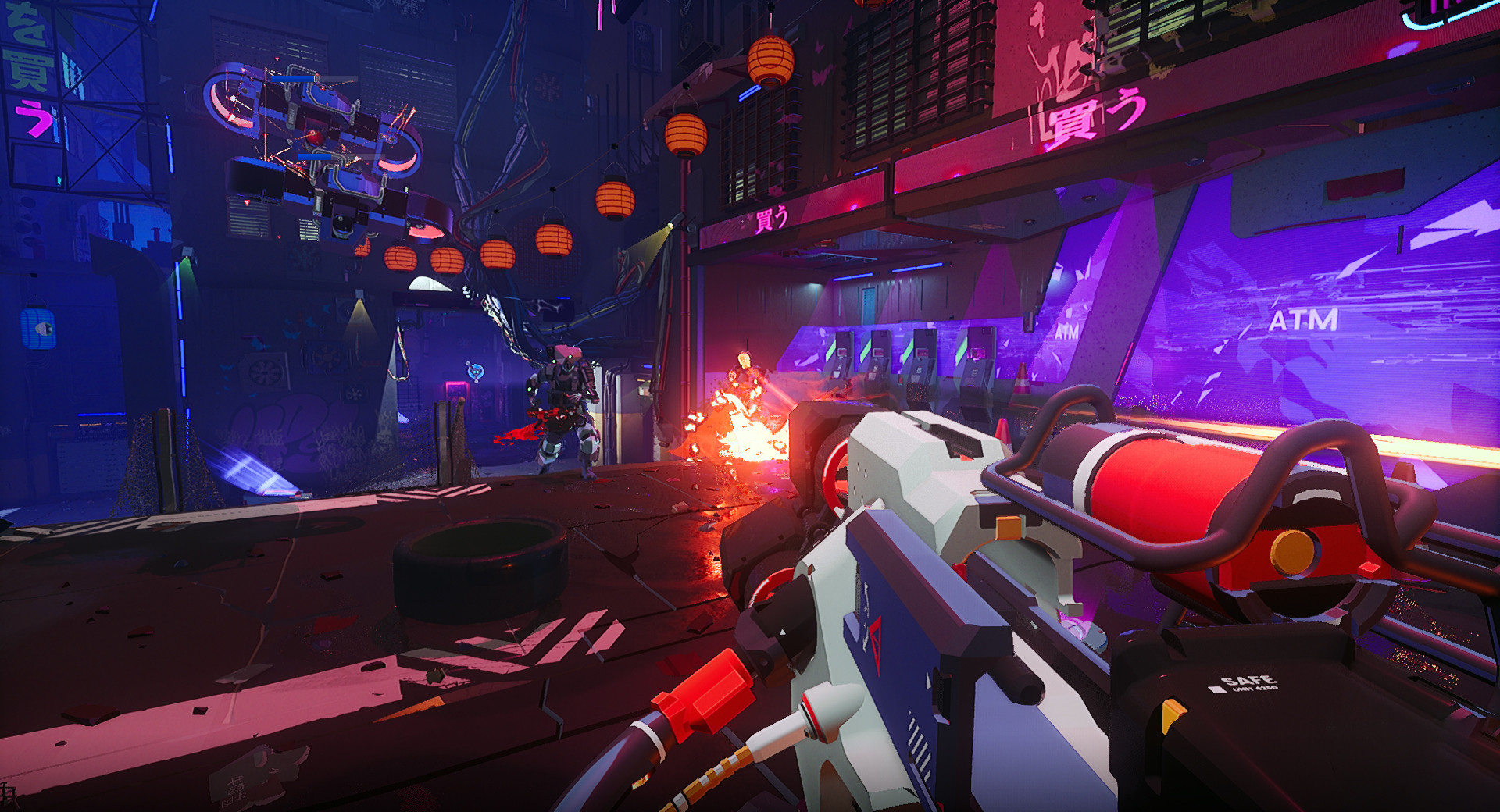 The player aims across a purple-lit city street.