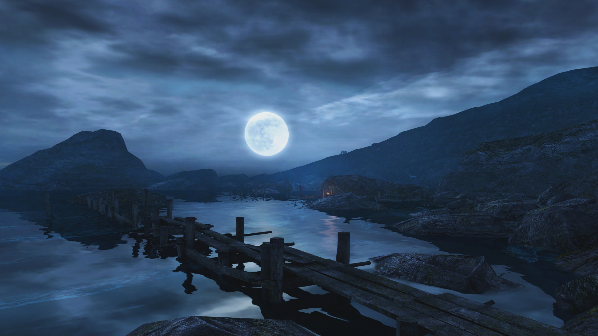 A wooden path follows a rocky coast under moonlight.