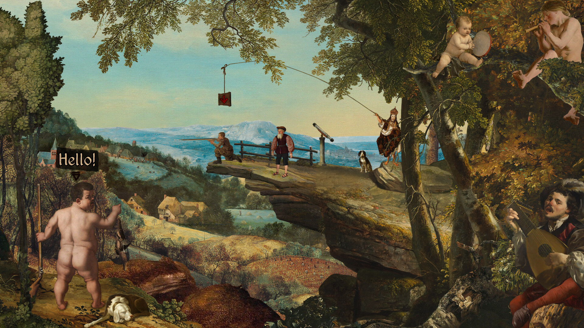 A figure crosses a painted landscape beside a stream.