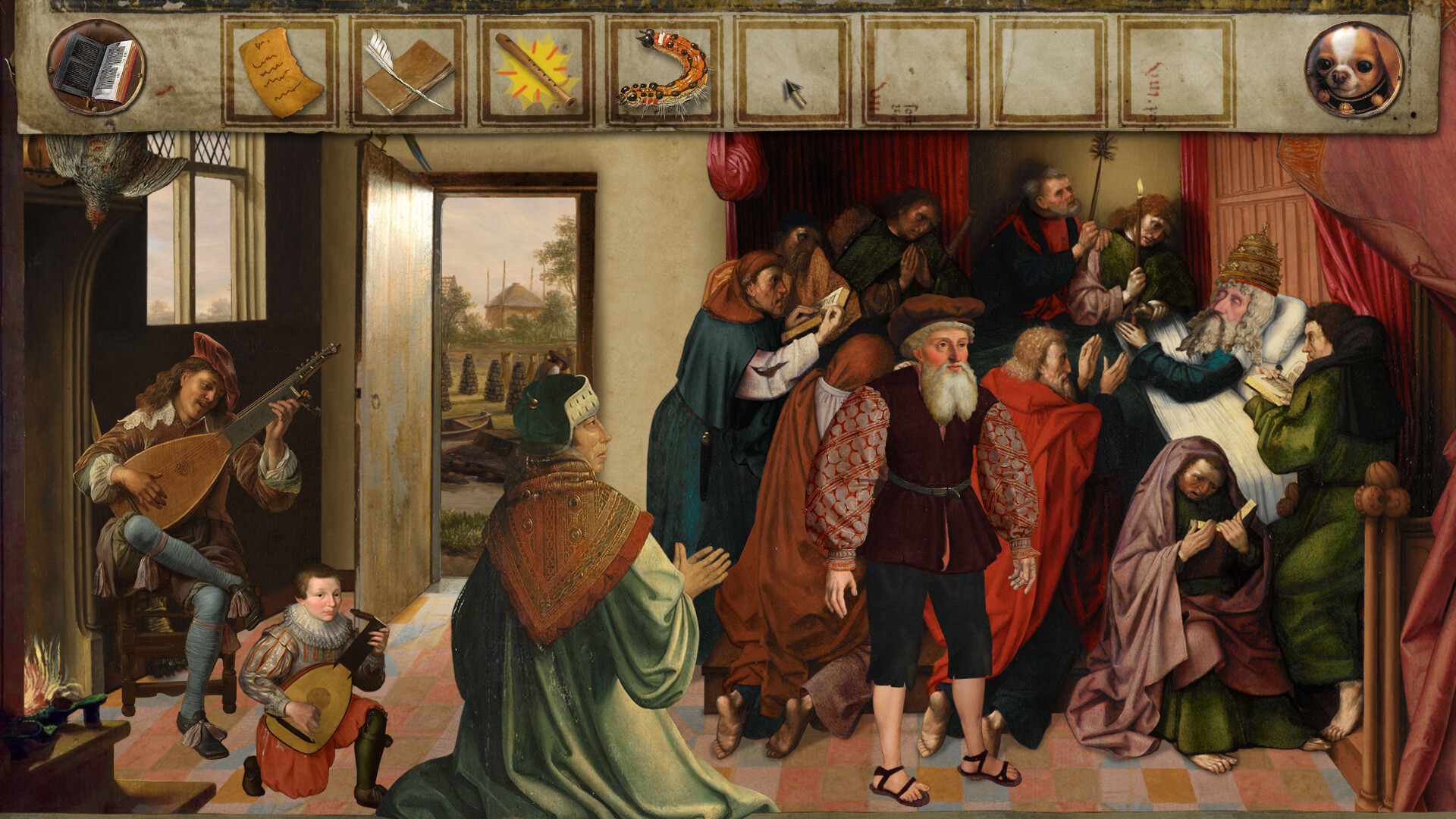 Painted figures fill a crowded room beneath the inventory bar.