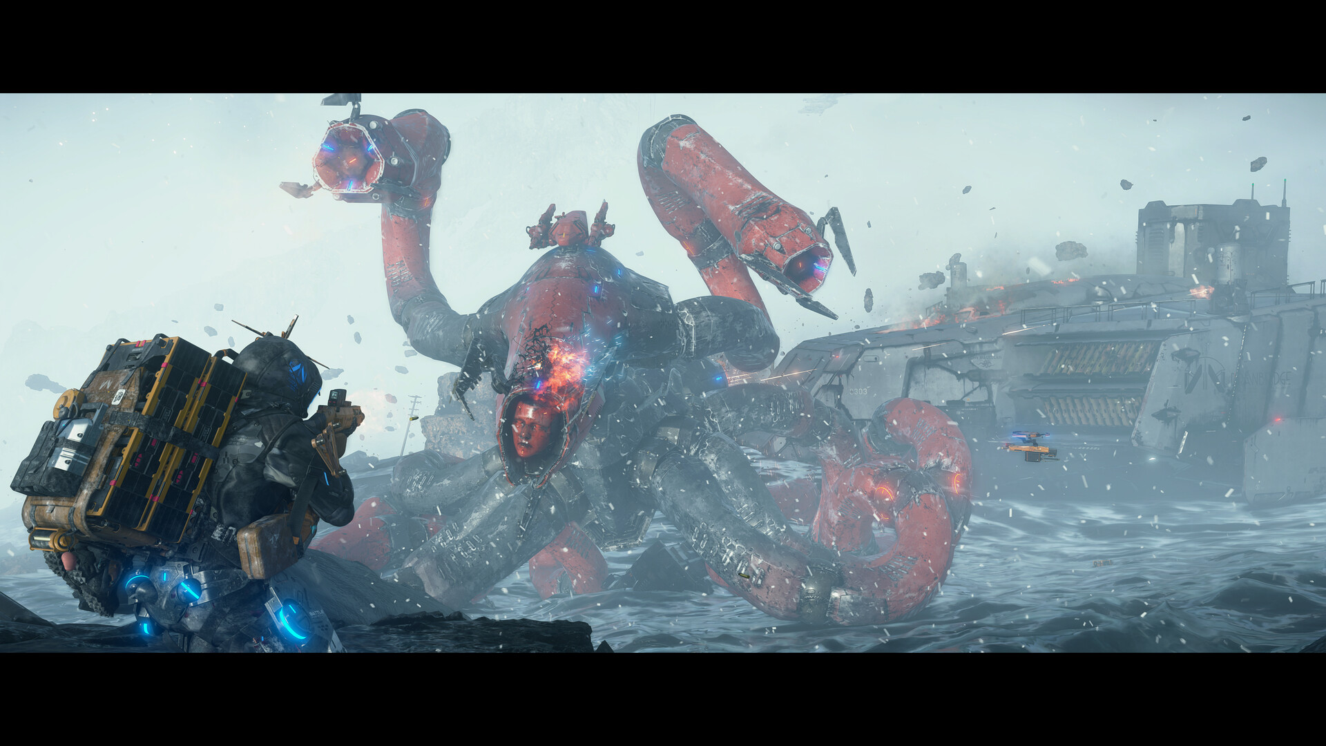 Sam confronts a huge red mechanical creature in a snowy scene.