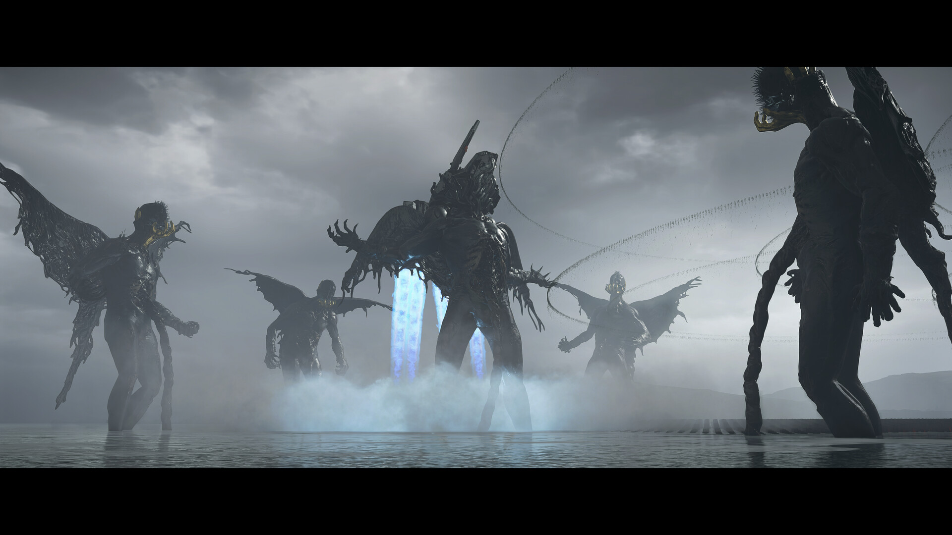 Towering winged figures stand in shallow water beneath a grey sky.