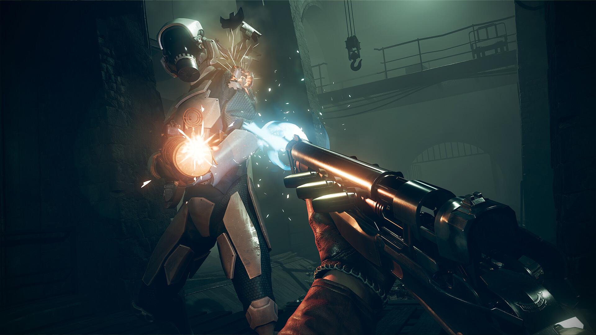 A first-person firefight against an armored enemy.