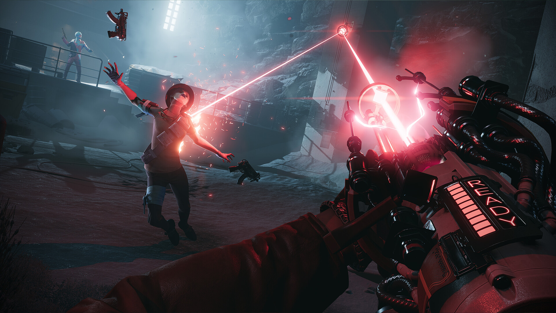 A weapon and power strike enemies amid laser defenses.