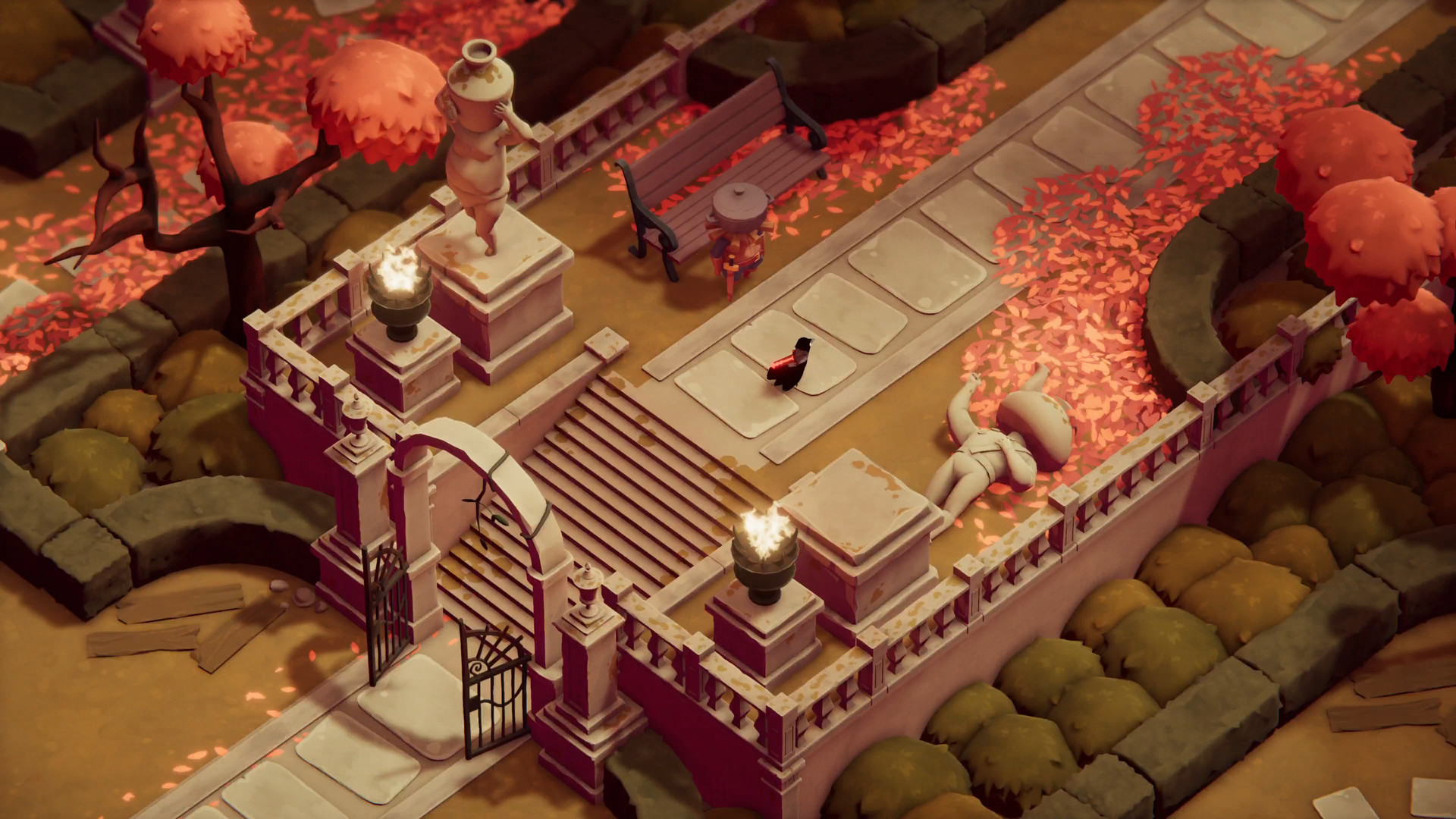 The Crow crosses a leaf-covered courtyard in an isometric area.