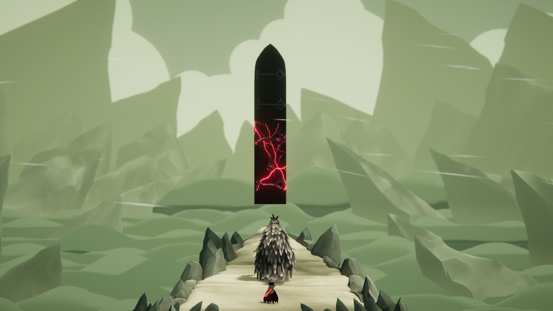 The Crow faces a black doorway threaded with red light.