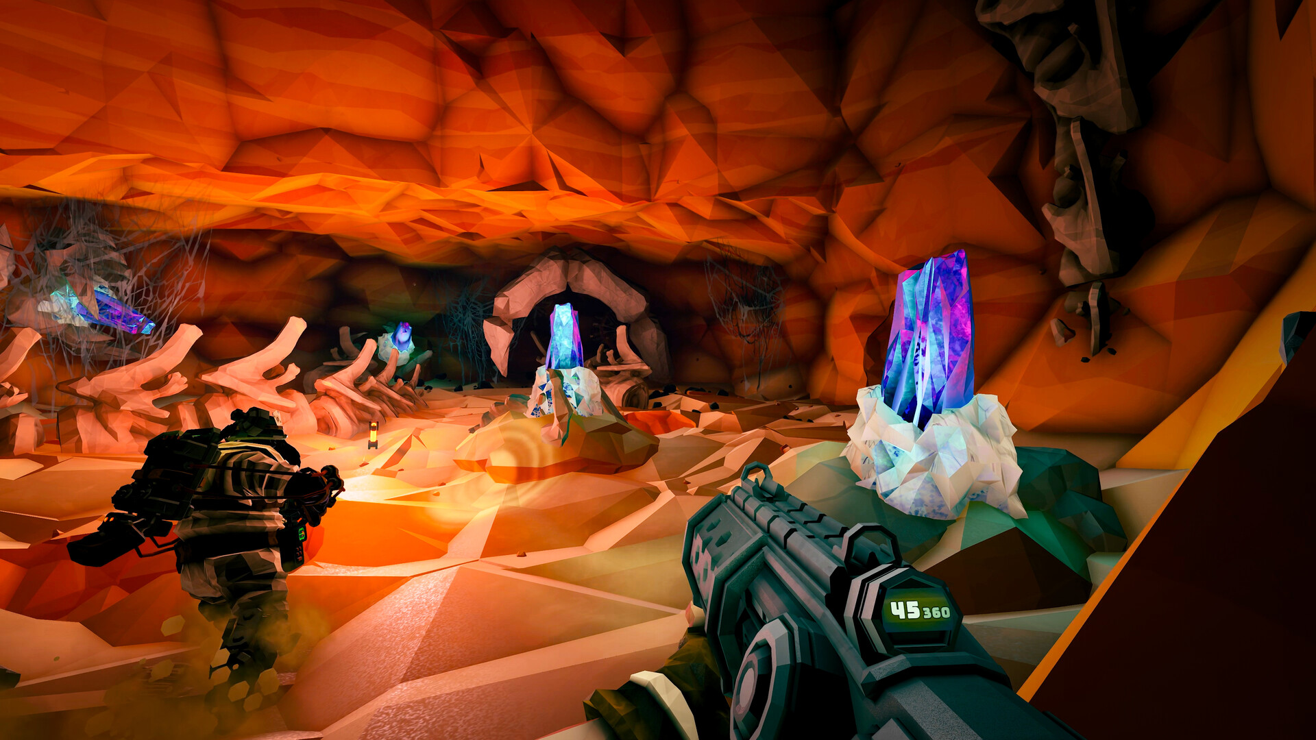 Two dwarven miners explore a crystal-filled cave.