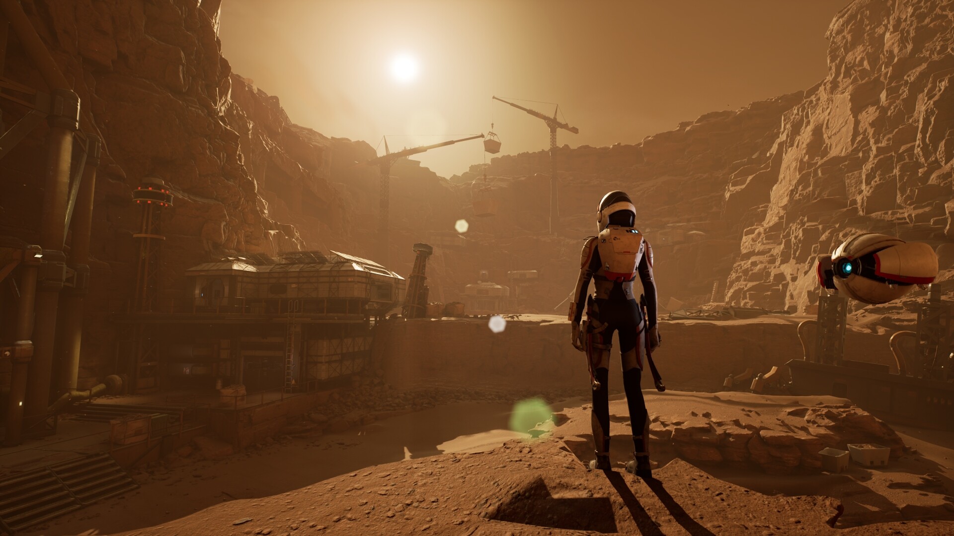 A suited explorer approaches a structure on Mars.
