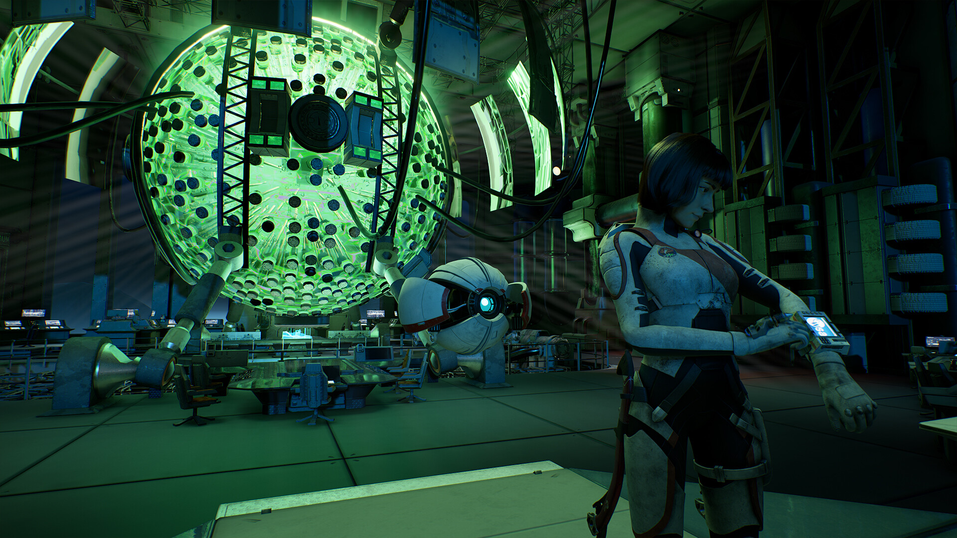 An astronaut stands inside a green-lit machinery chamber.