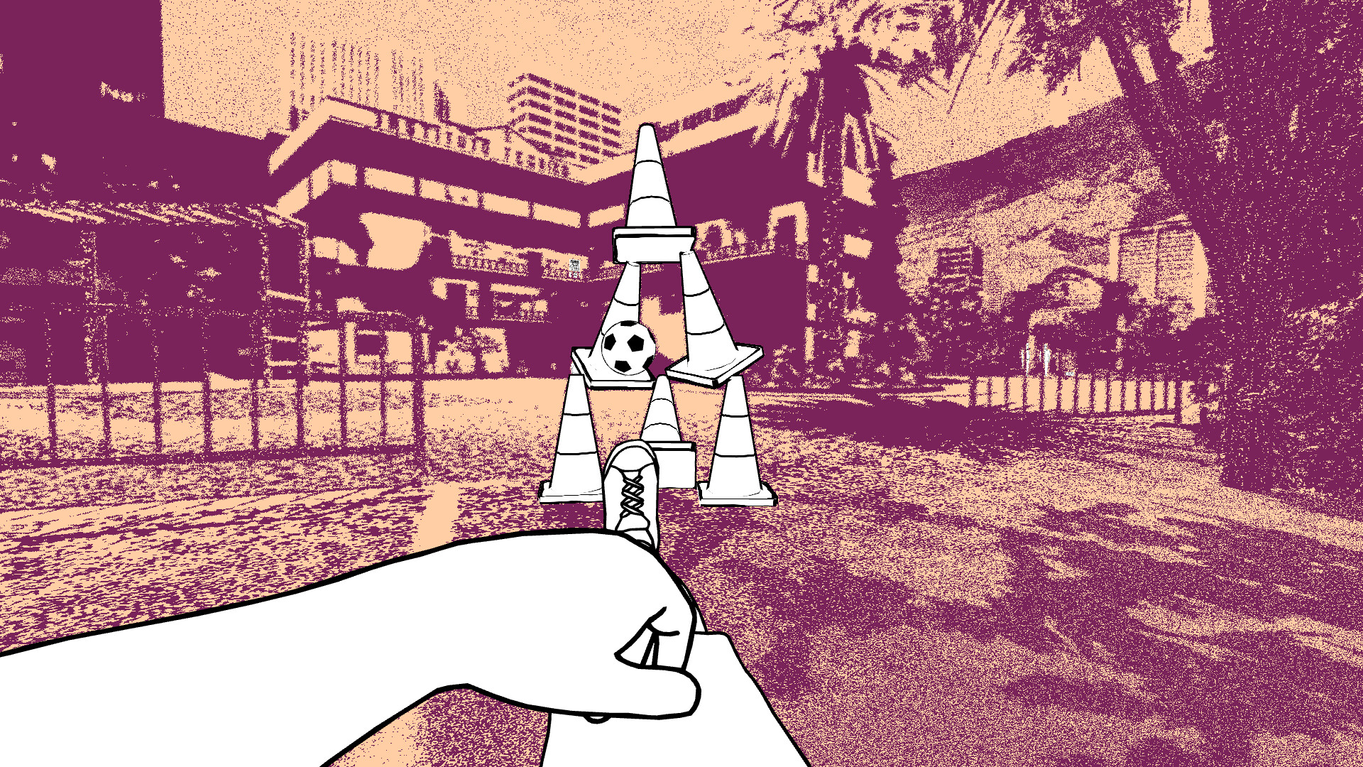 A first-person view frames a ball and a small rocket-shaped structure in a Quito park.