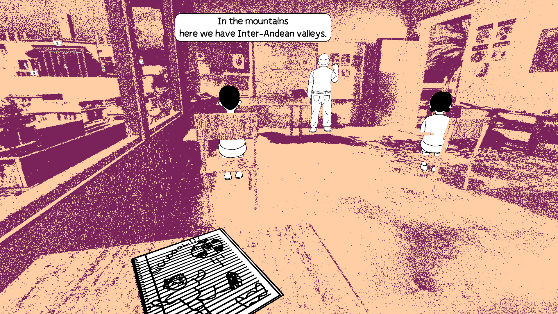 Children and an adult stand inside a room while a football drawing lies in the foreground.