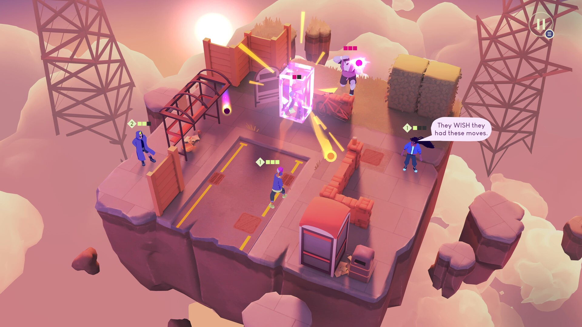 A bright energy shot arcs across a dream court between characters.