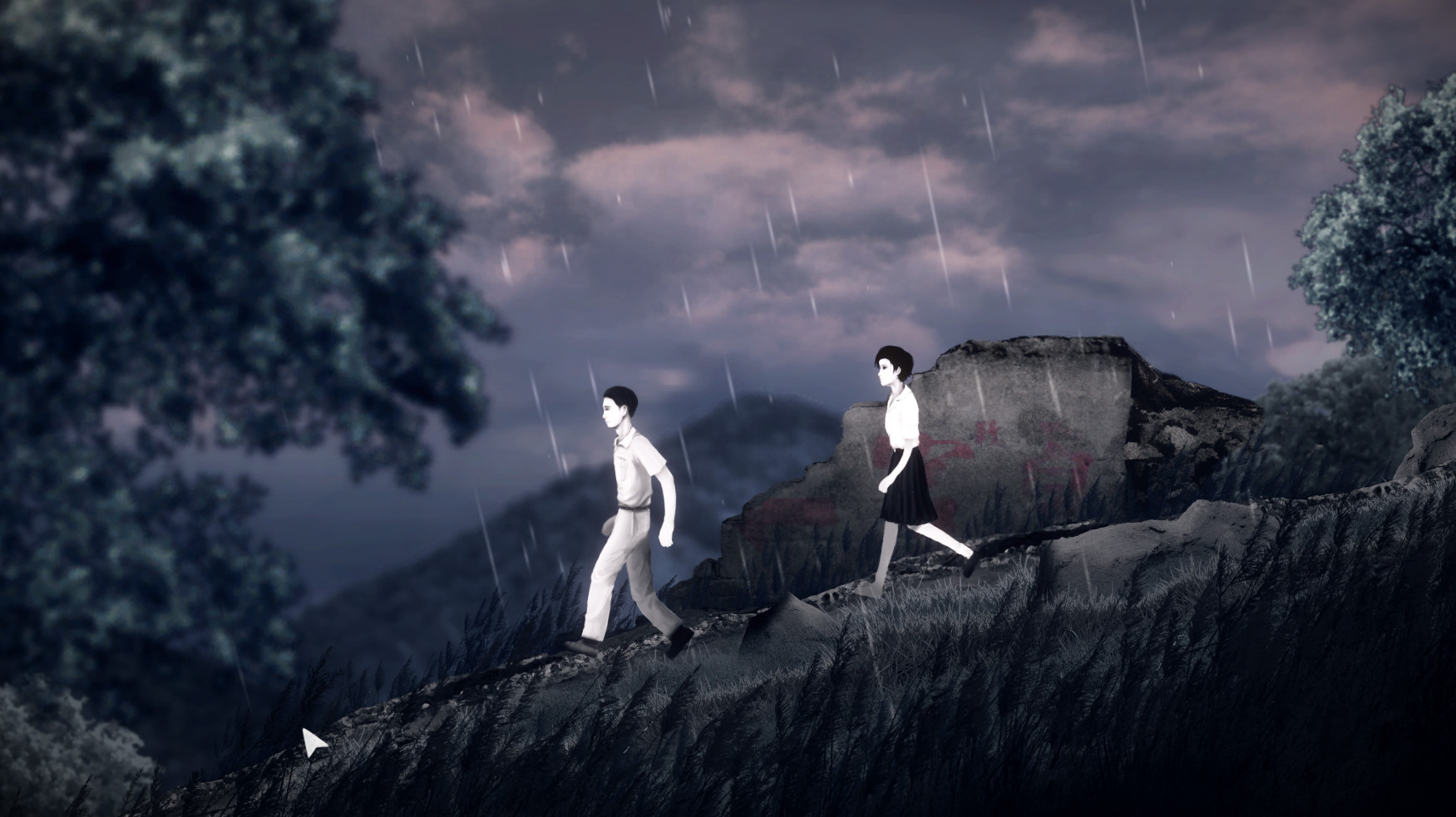 Two students cross a rain-soaked hillside.