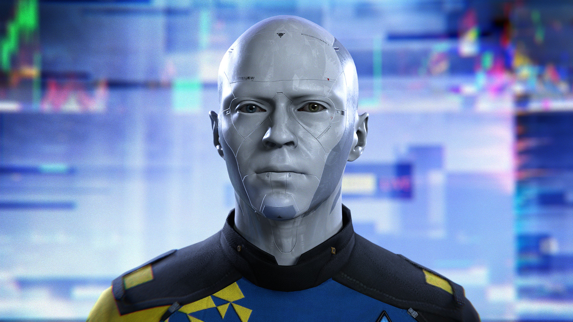 An android in a blue uniform faces the camera against a blurred city backdrop.