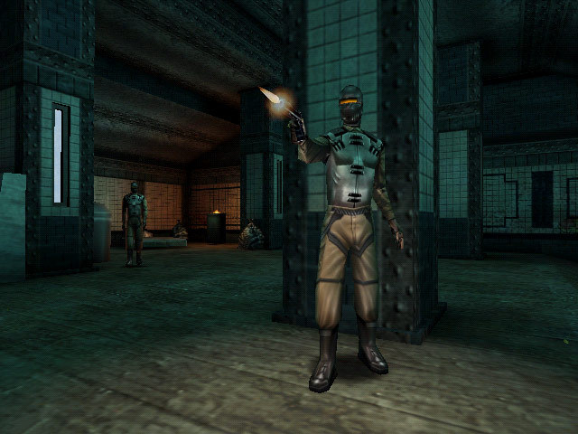 An augmented operative stands inside a dim building.