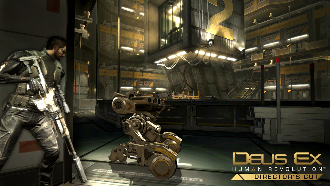Adam Jensen approaches a security robot in an industrial room.