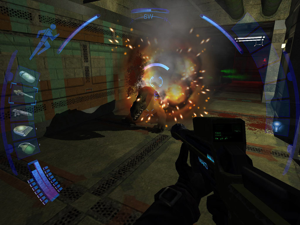 A firefight breaks out in a futuristic interior.