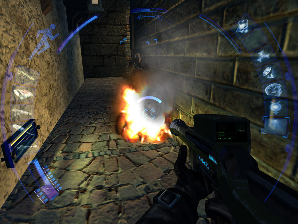 A first-person weapon fires into a stone passage.