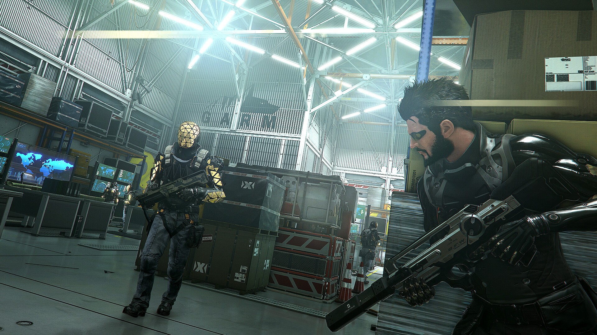 Adam Jensen takes cover near an armed opponent.