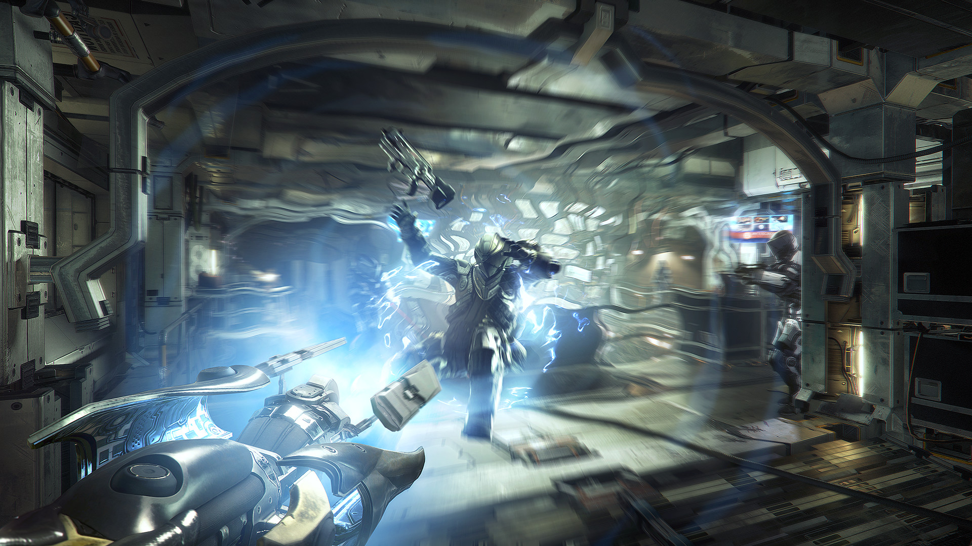 A blue energy effect strikes an enemy inside a corridor.
