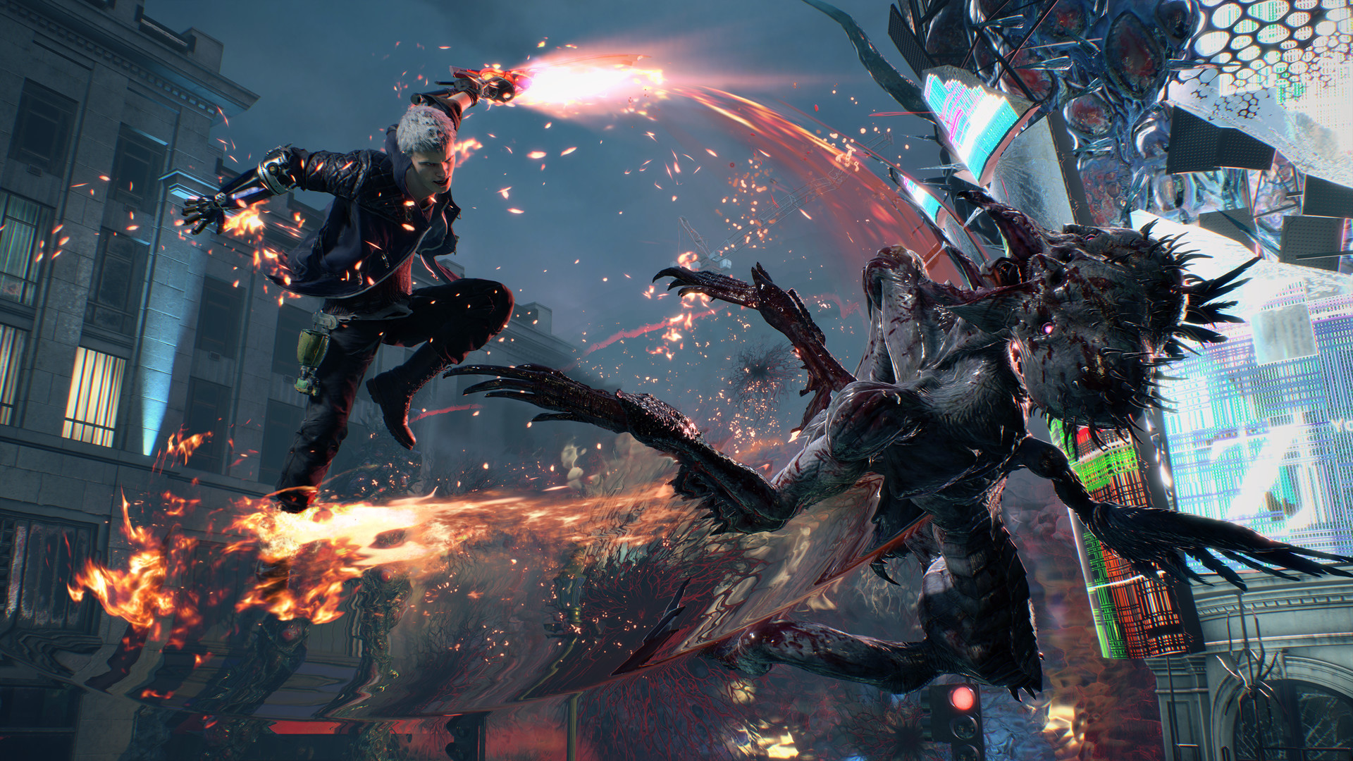Nero attacks a demon in a city street.