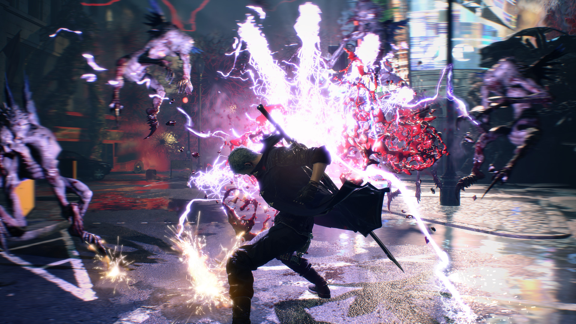 Dante faces demons amid an electrical burst.