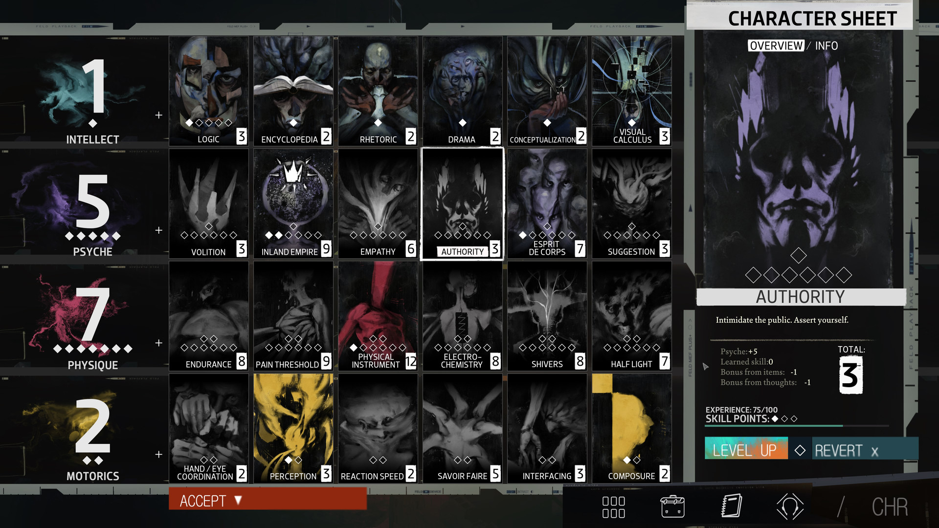 The character sheet shows skills across Intellect, Psyche, Physique and Motorics.