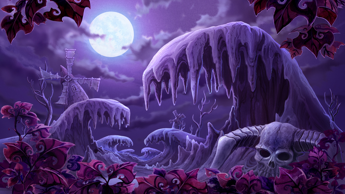 A moonlit purple Netherworld landscape with a skull and twisted foliage.