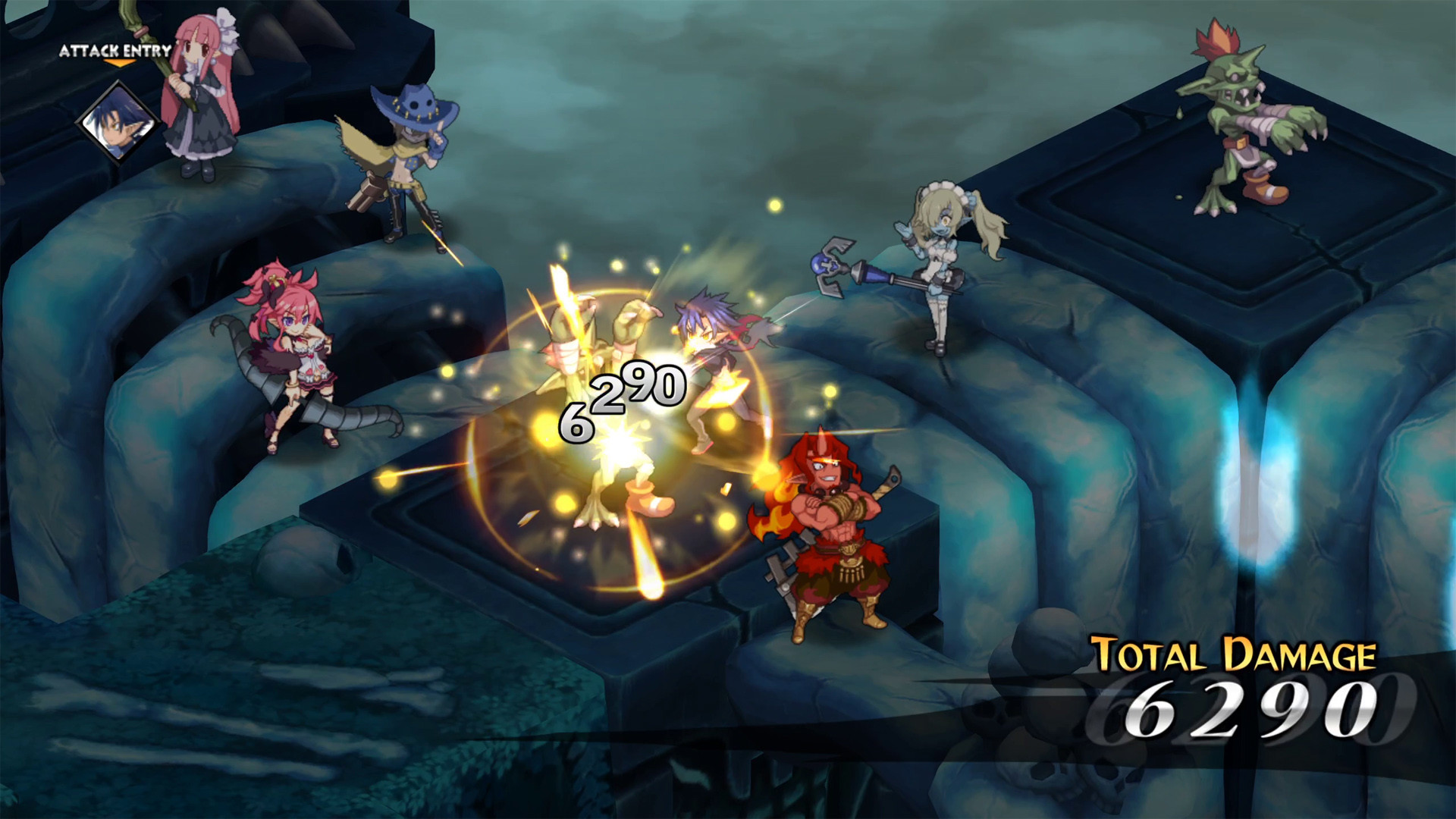 A party attacks enemies across raised battlefield platforms.