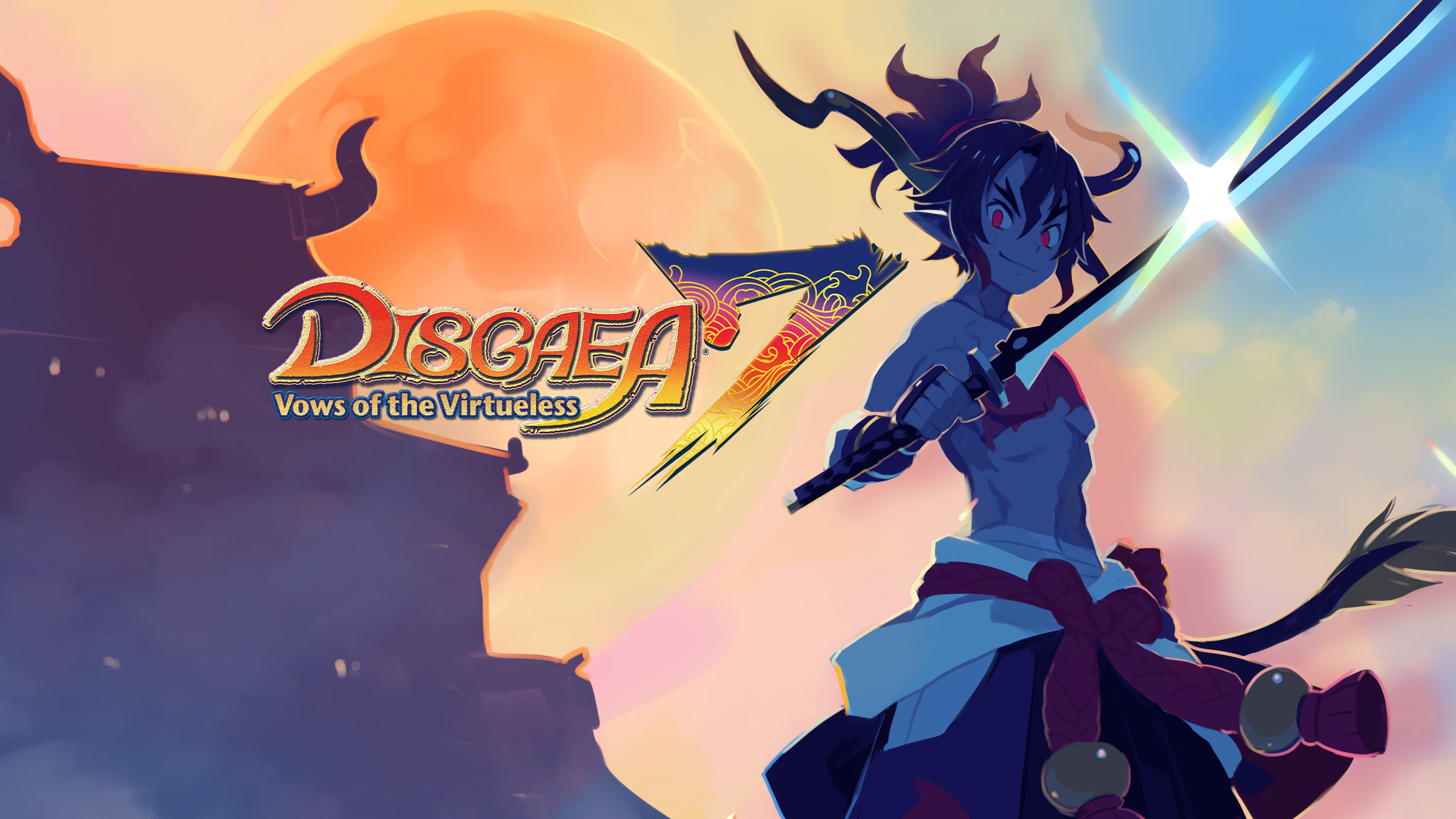 Fuji stands before a setting sun beside the Disgaea 7 logo.