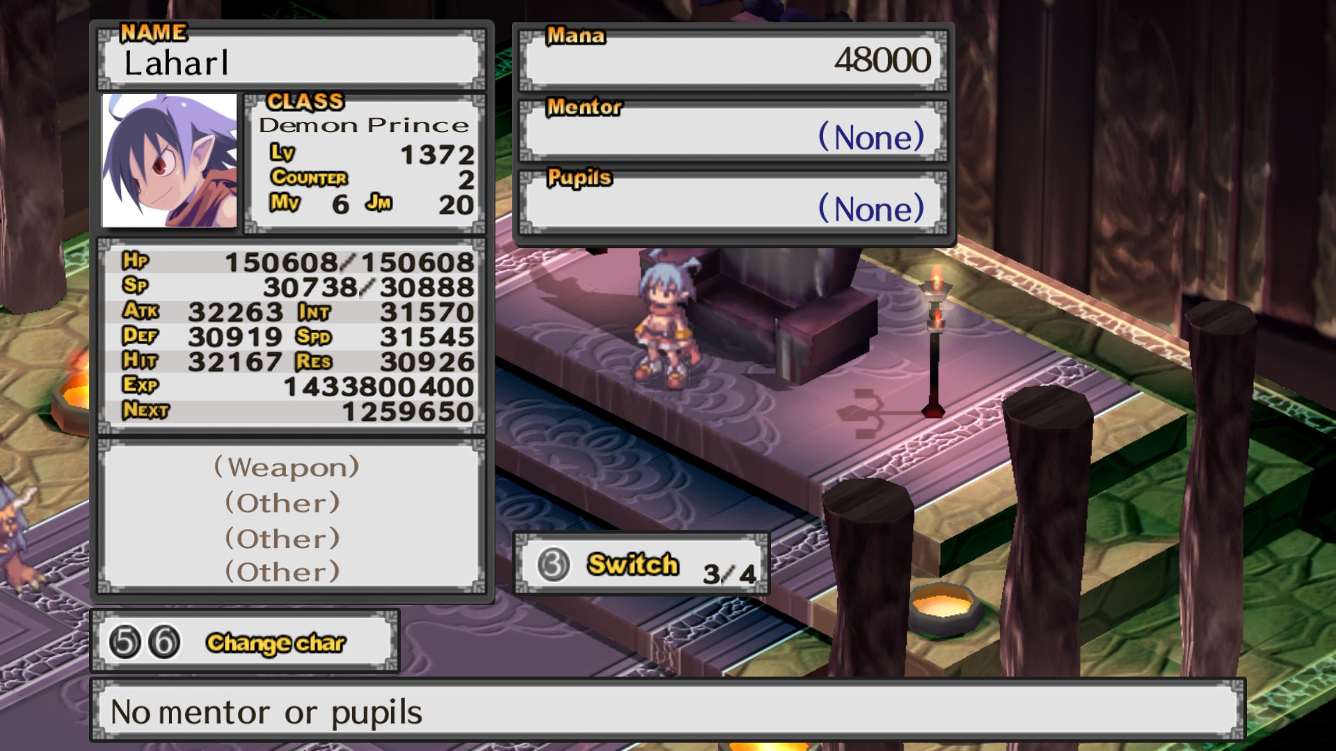 Laharl’s character status and mentor menu appears beside a tactical map.