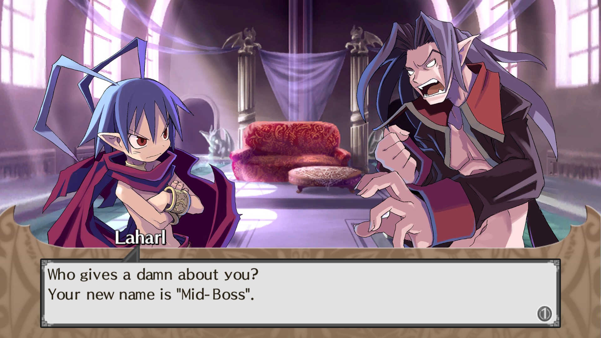 Laharl speaks with Mid-Boss during a story scene.