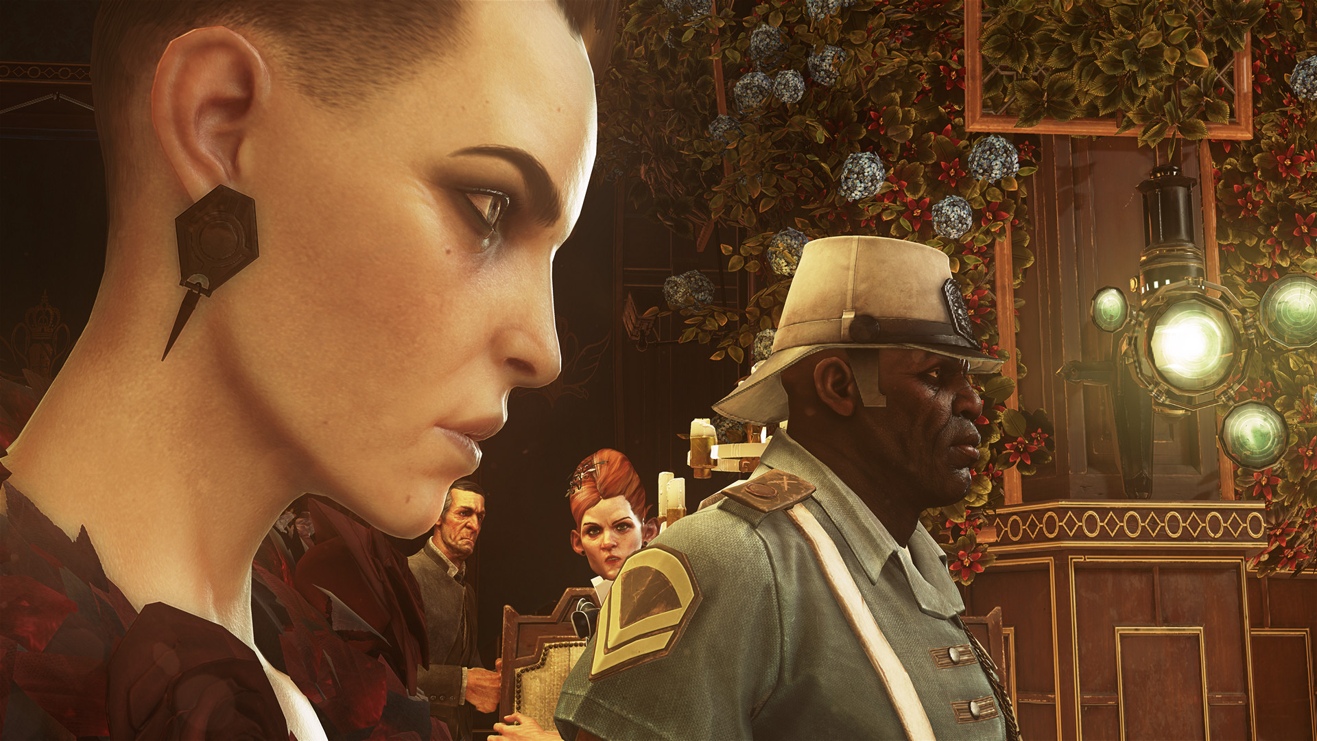 Emily stands beside a uniformed figure in an ornate interior.