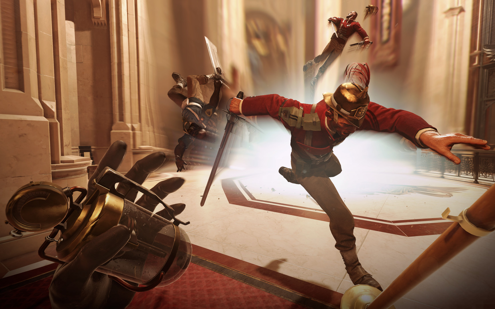 A masked guard stumbles during a fight inside an ornate room.