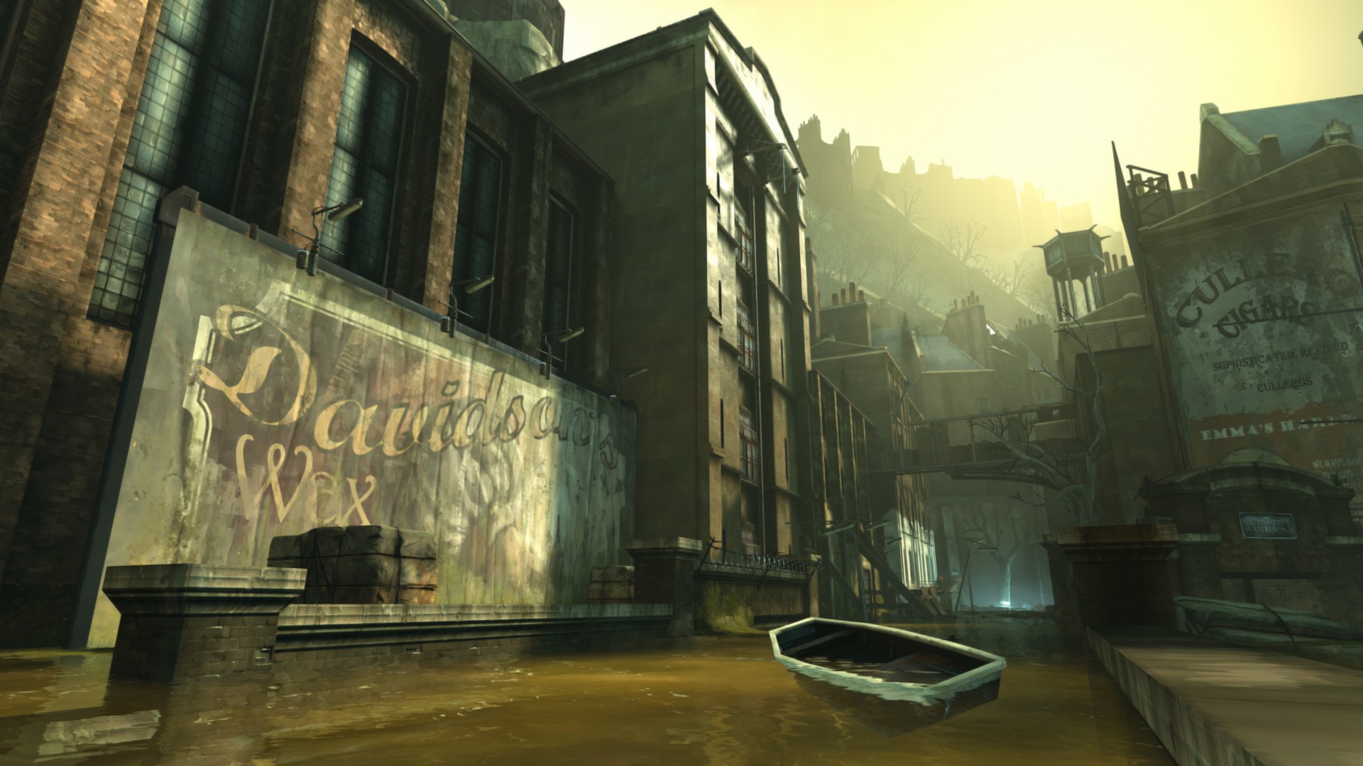 A canal cuts through the dense streets of Dunwall.
