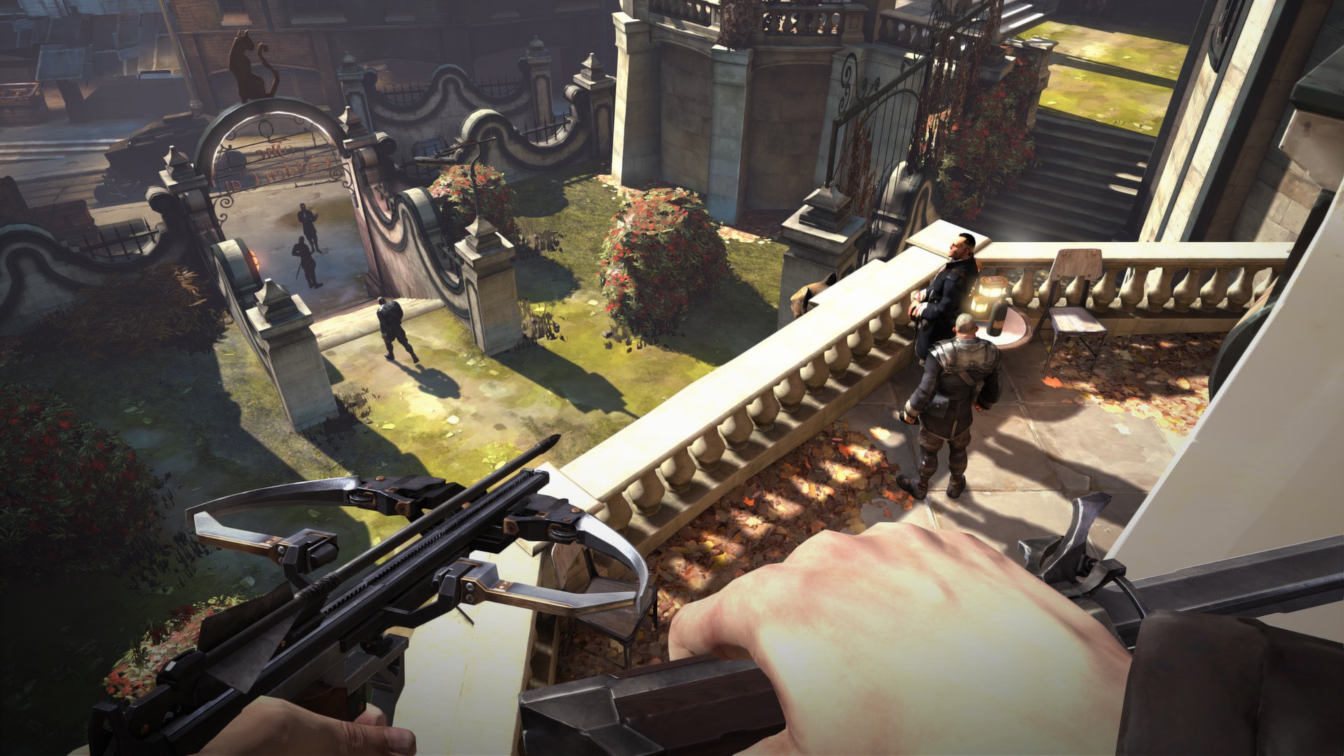 The player aims a crossbow from above a guarded courtyard.