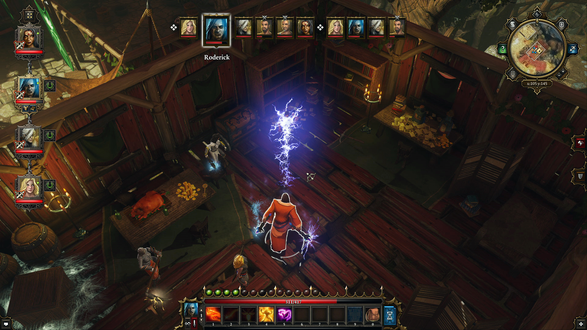 A party fights inside a wooden room using magic.