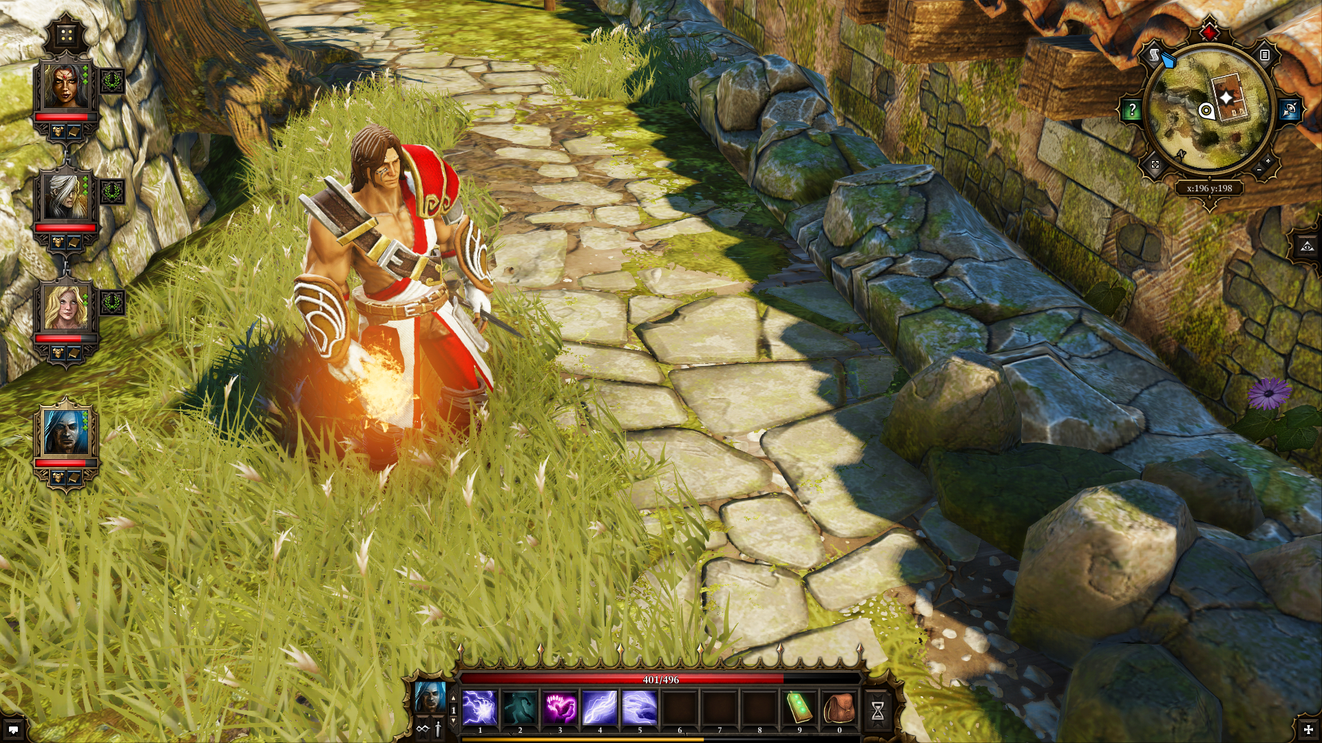 An adventurer stands outside amid stone walls and greenery.