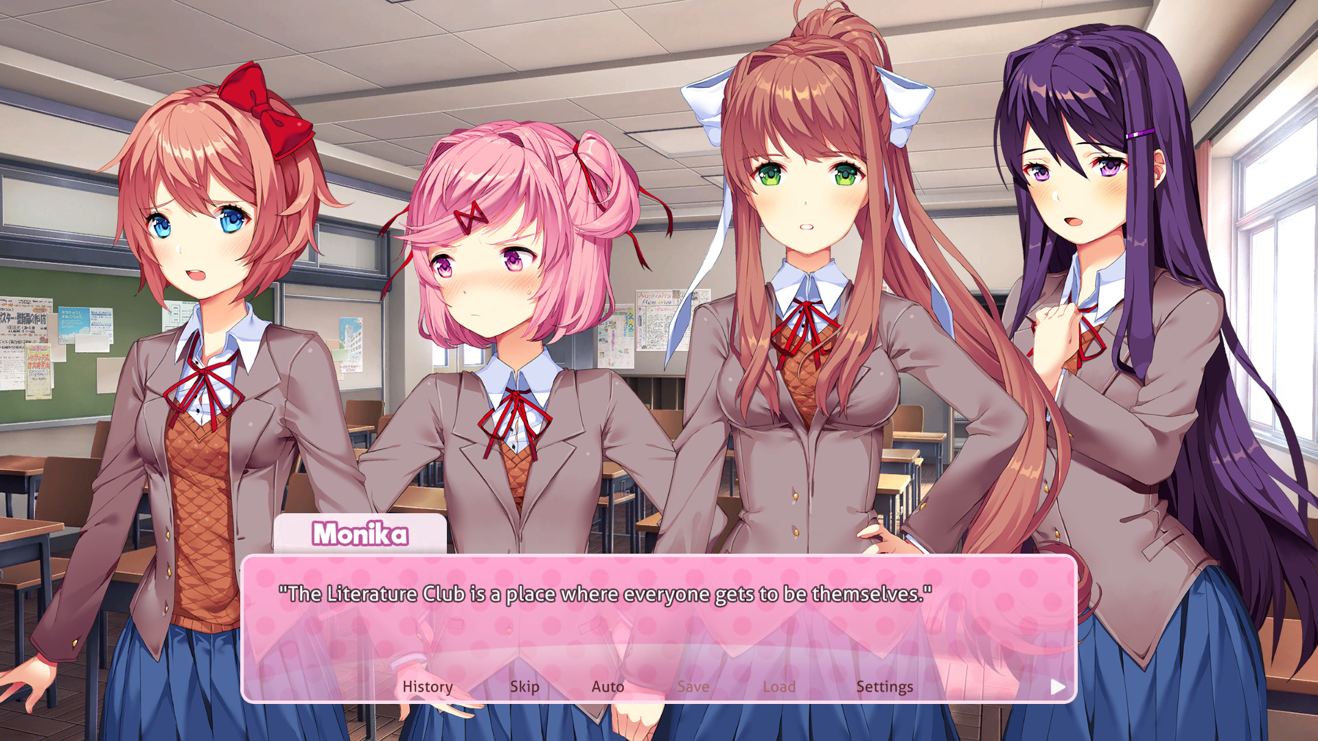 Four members of the literature club stand inside their classroom.