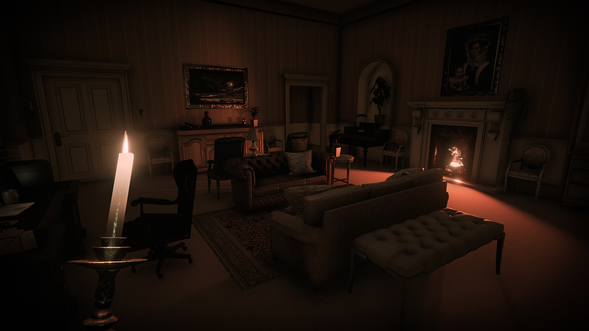 A furnished room is lit by candles and a fire.